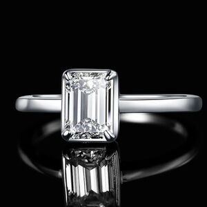 Certified 14K Gold 1 Carat Emerald Cut Diamond Engagement Ring  Bezel Set Bridal